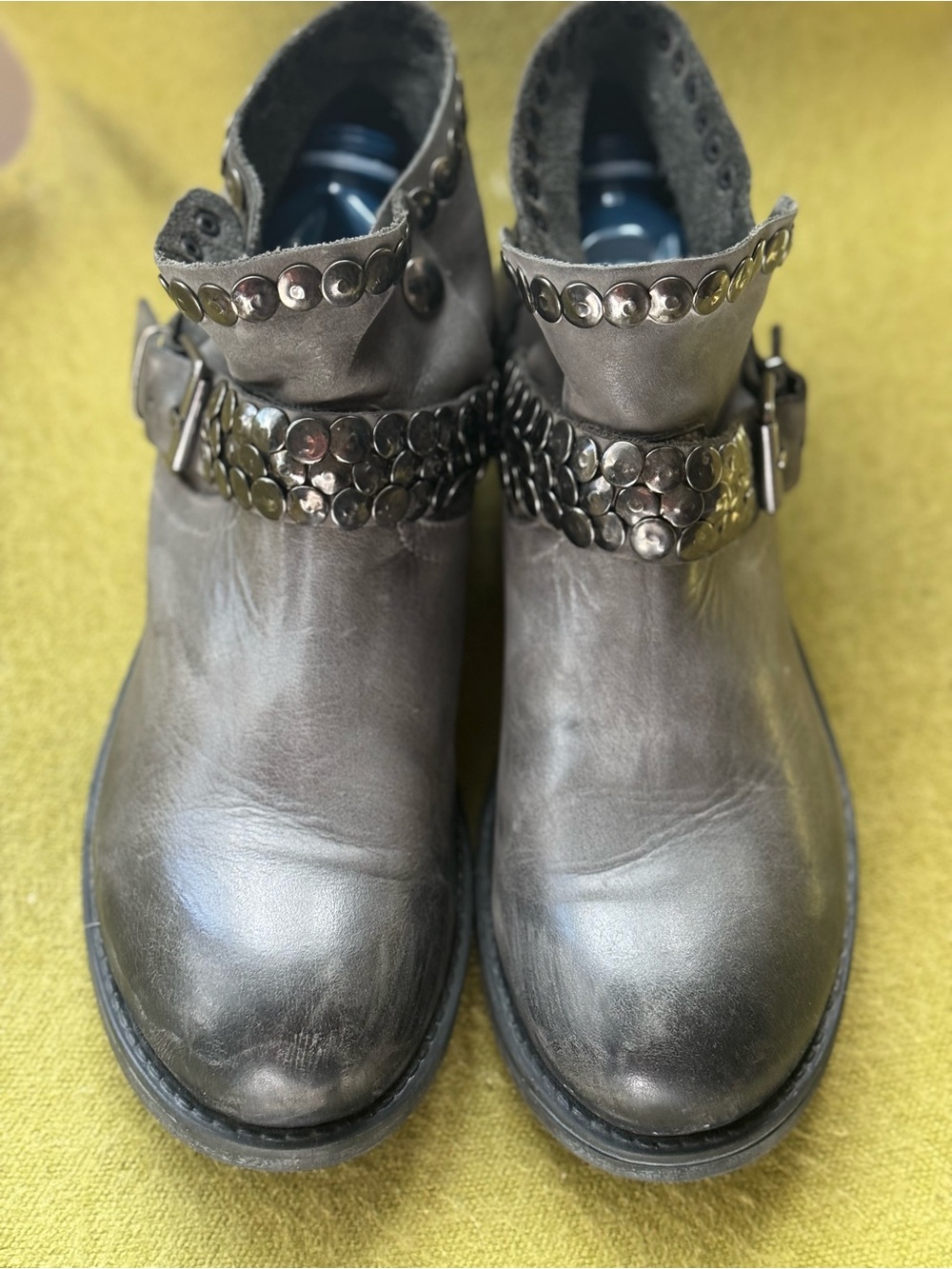 Women's Gray Studded Leather Ankle Booties